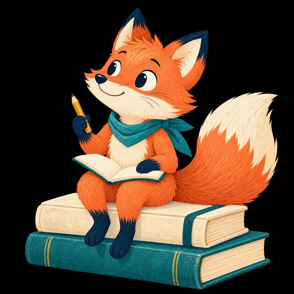 Pico, notre renard curieux, un carnet sur les genoux et un crayon à la patte.