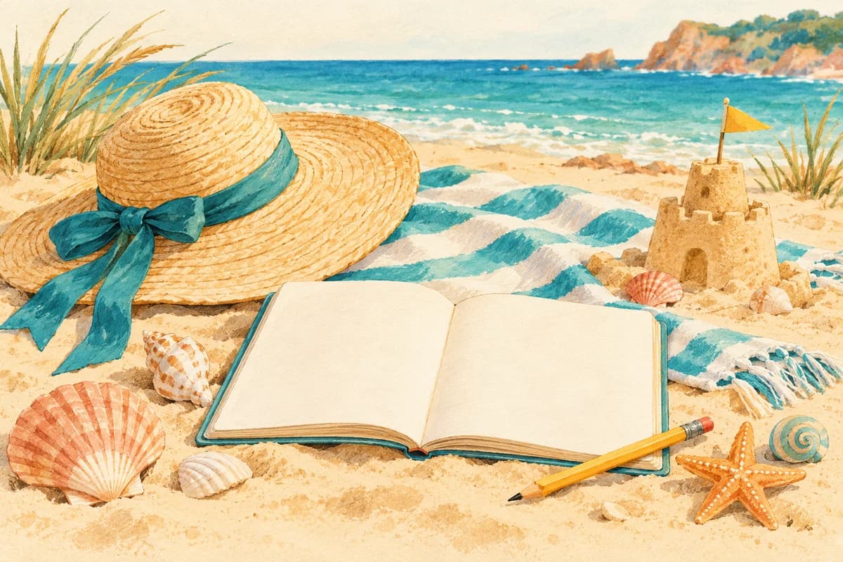 Un carnet d’été, un chapeau et des coquillages, illustration à la gouache.