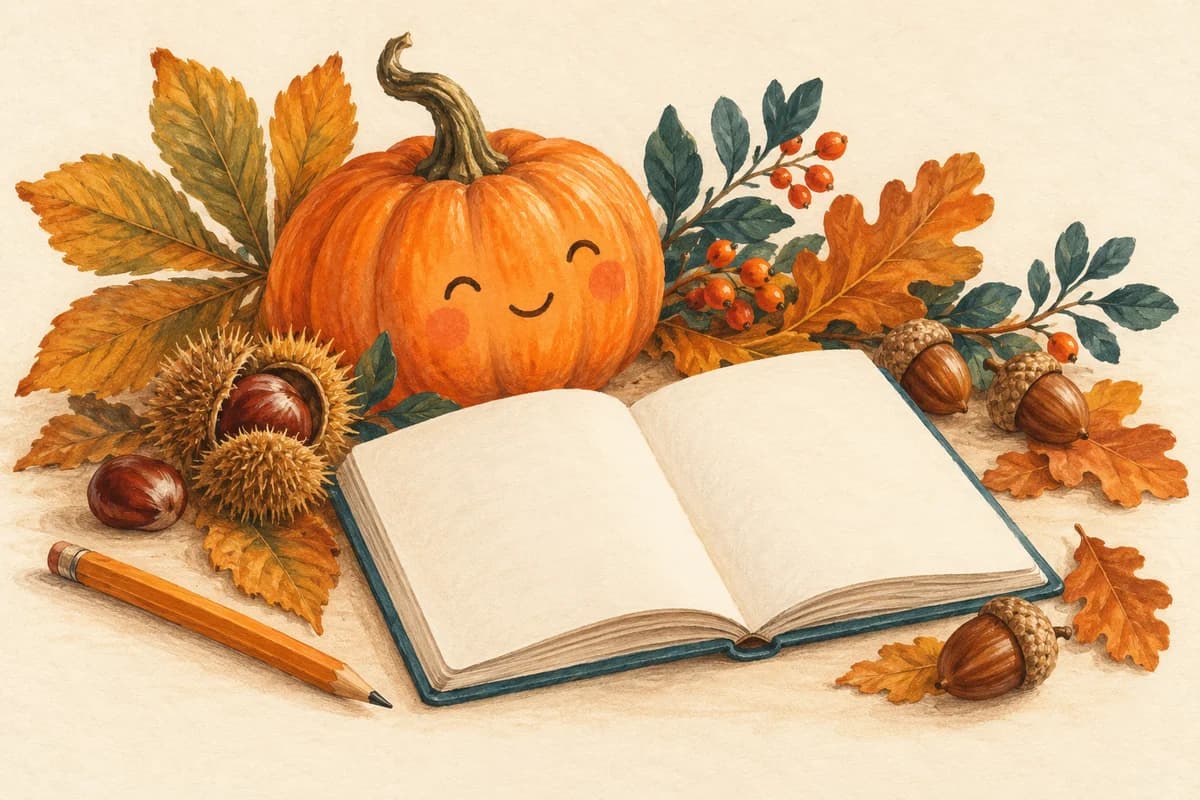 Une citrouille souriante et un carnet ouvert entourés de feuilles d’automne.
