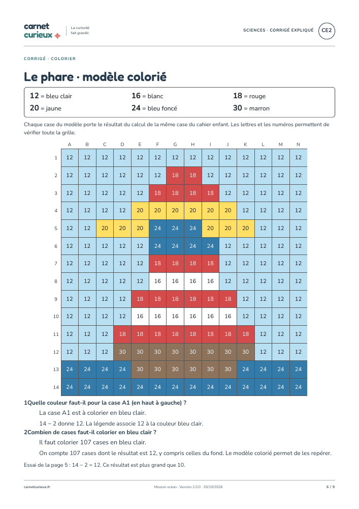 Page du guide parent et corrigé Mission océan CE2.