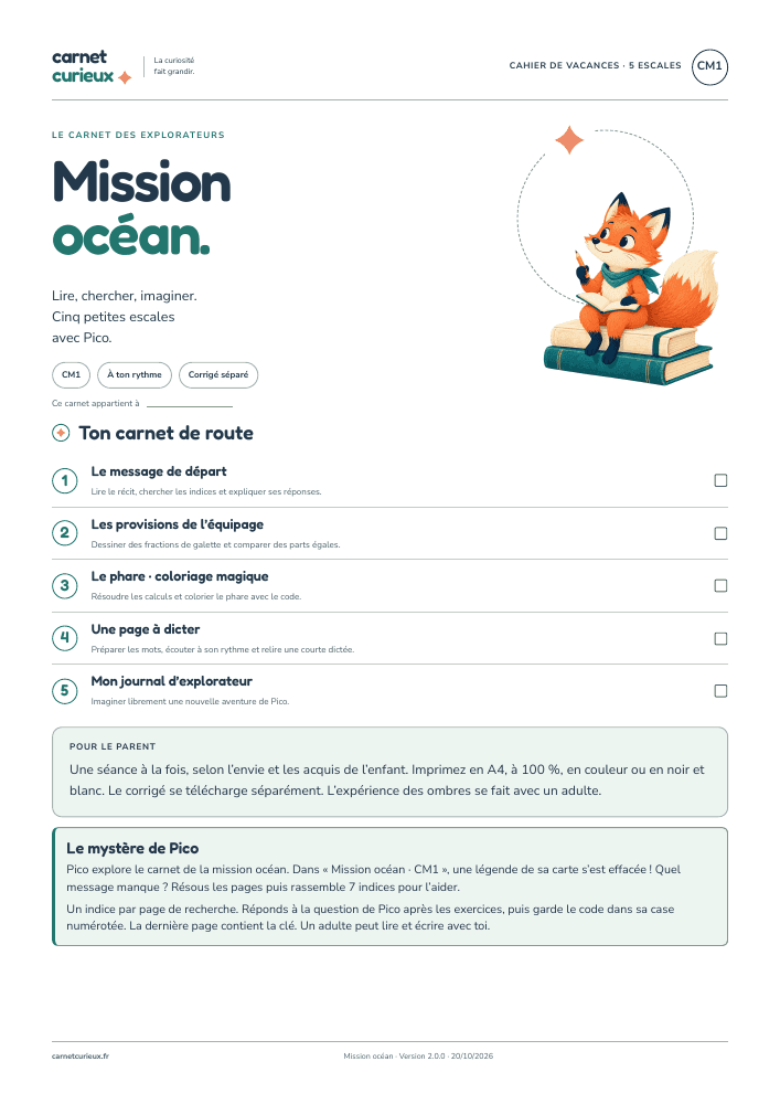 Première page du cahier Mission océan · CM1