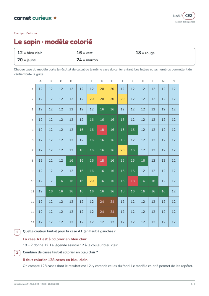Page du corrigé expliqué du cahier CE2 de Noël.