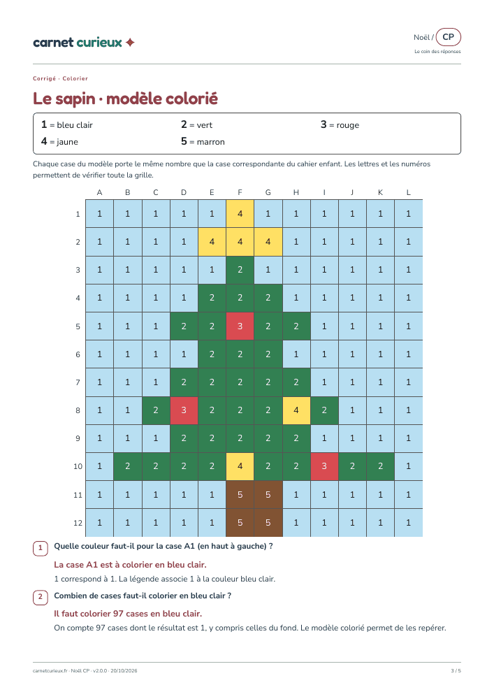 Page du corrigé expliqué du cahier CP de Noël.