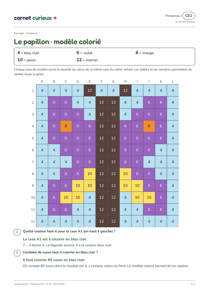 Page du corrigé expliqué du cahier CE1 de printemps.