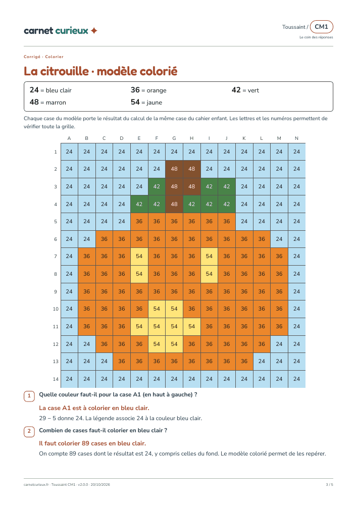 Page du corrigé expliqué du cahier CM1 de Toussaint.